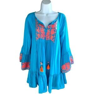 LILLY PULITZER  Amisa Tunic Dress Bell Sleeves Blue Embroidered Design Size XS